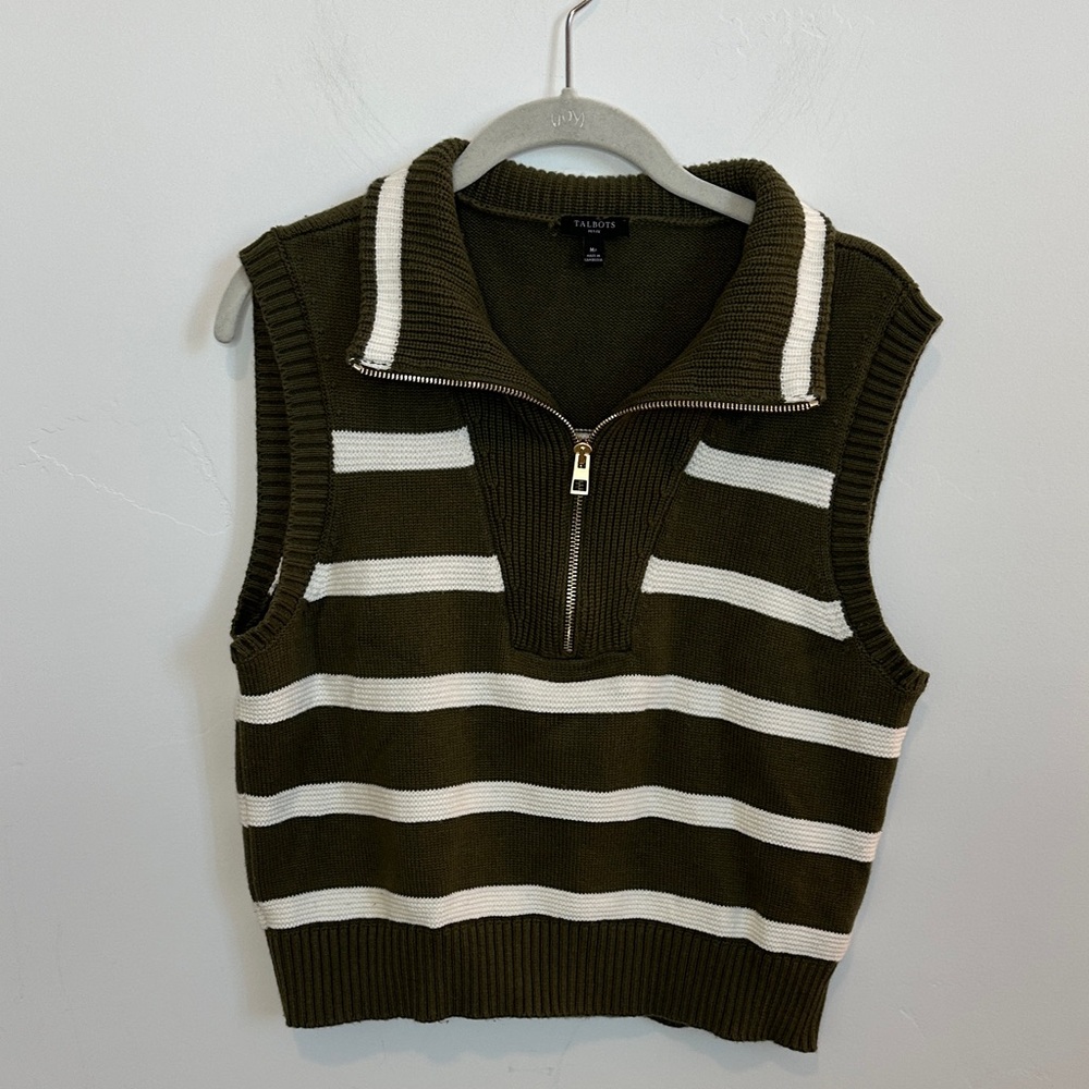 Talbots Olive Green and White Striped V-Neck Zip Sweater Vest